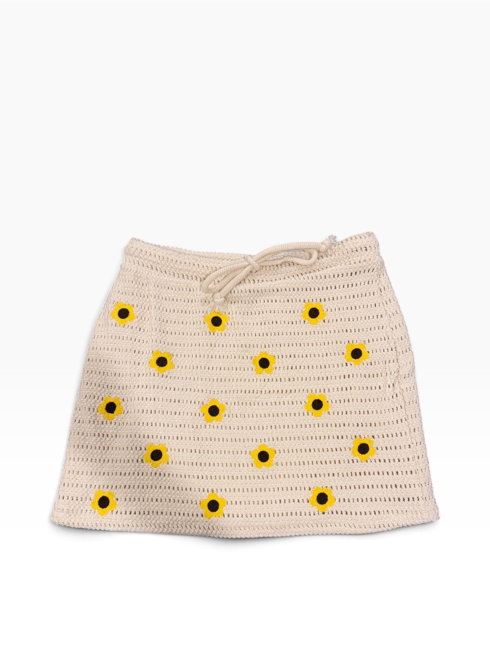 Retro 70s  Zara Cream Crochet Skirt with Yellow Daisy Embroidery Sz S